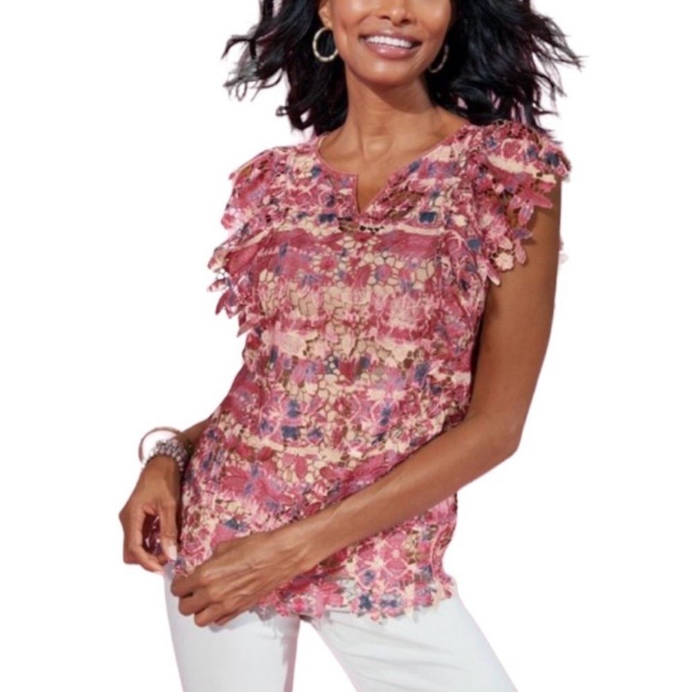 Soft Surroundings Bougainvillea Laser Cut Floral Blouse Boho Pink Lace Top M